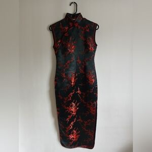 C.M.E Co. 100% Silk Black With Red Floral Print Qipao Madarin Collar Dress SzS